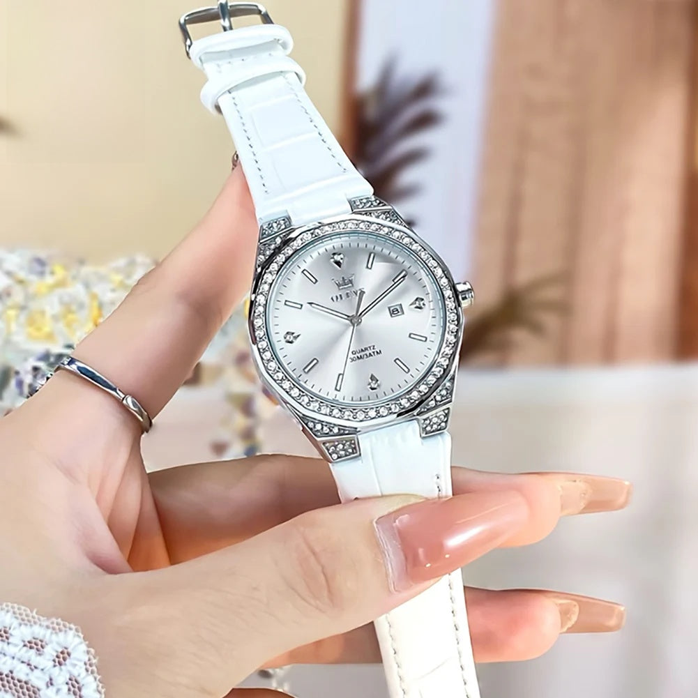 Women's Leather Strap Crystal Bezel Watch Rose Gold Luxury