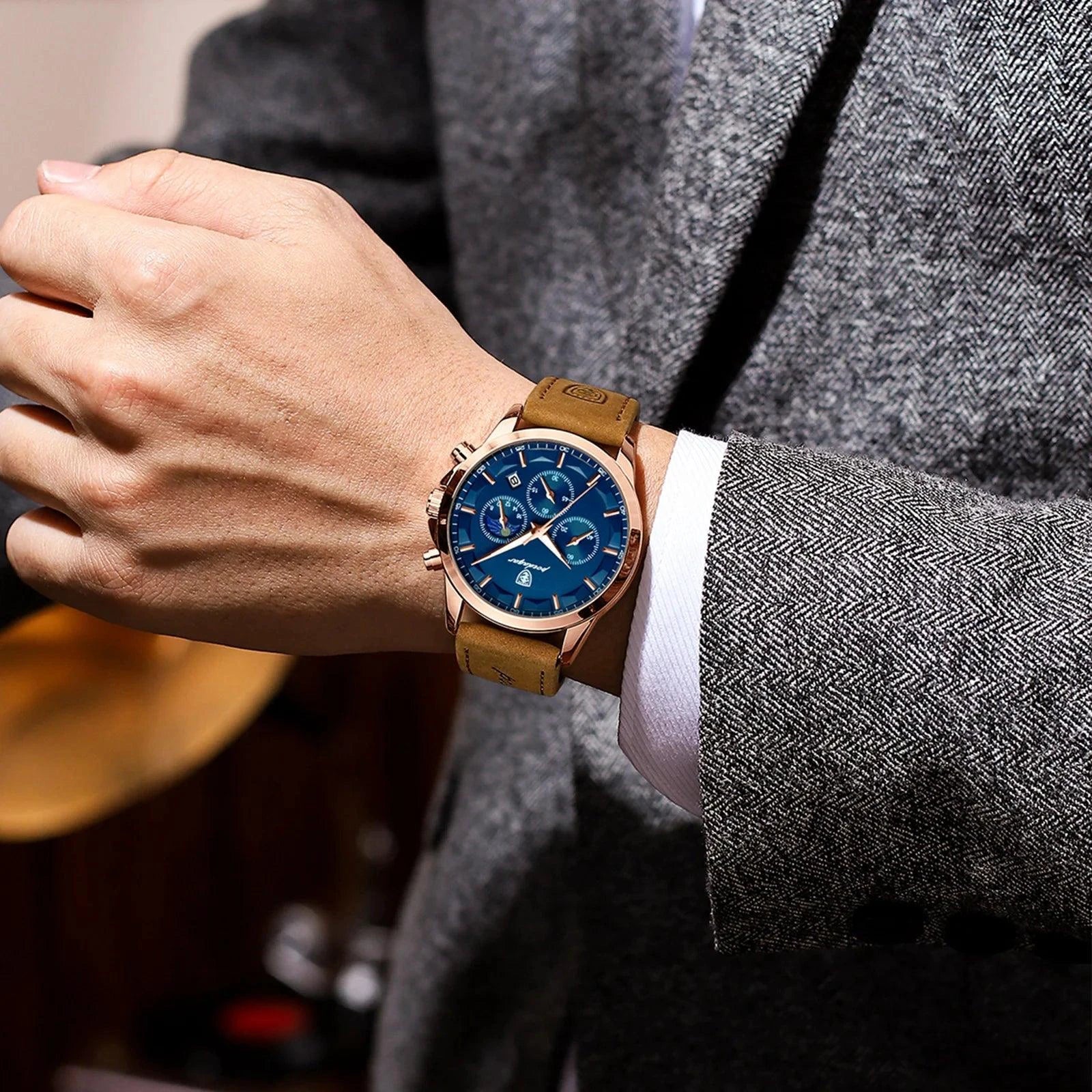 POEDAGAR Luxury Men's Chronograph Watch - Waterproof, Luminous, Leather Strap