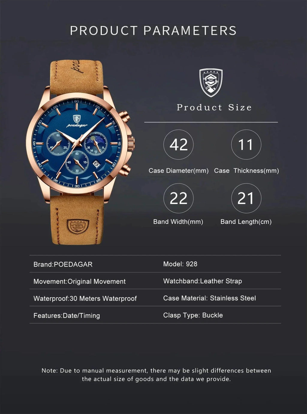 POEDAGAR Luxury Men's Chronograph Watch - Waterproof, Luminous, Leather Strap