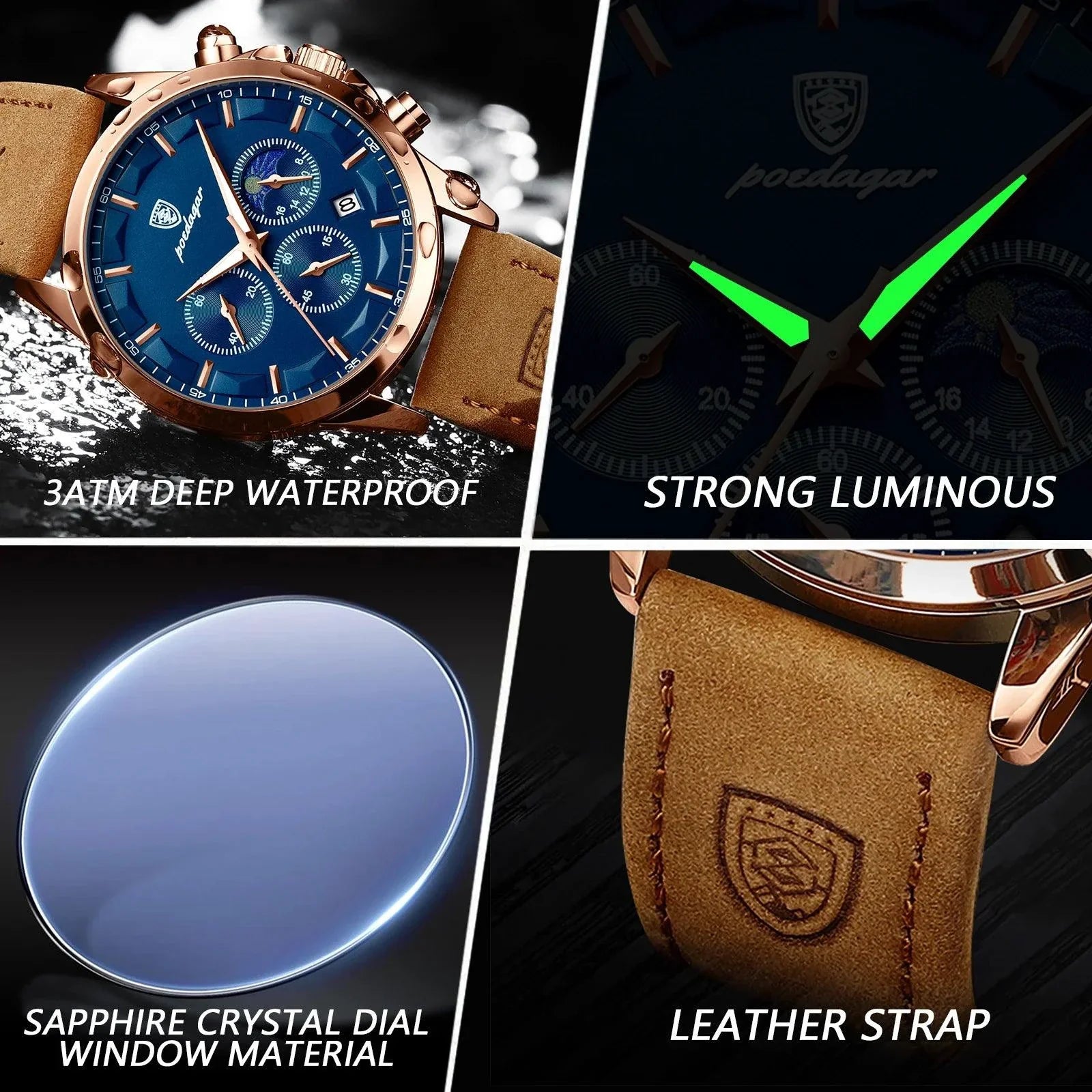POEDAGAR Luxury Men's Chronograph Watch - Waterproof, Luminous, Leather Strap