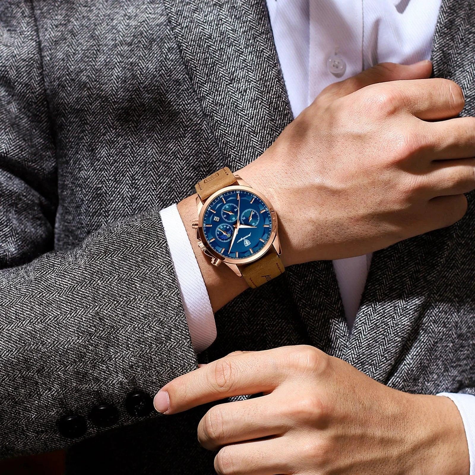 POEDAGAR Luxury Men's Chronograph Watch - Waterproof, Luminous, Leather Strap